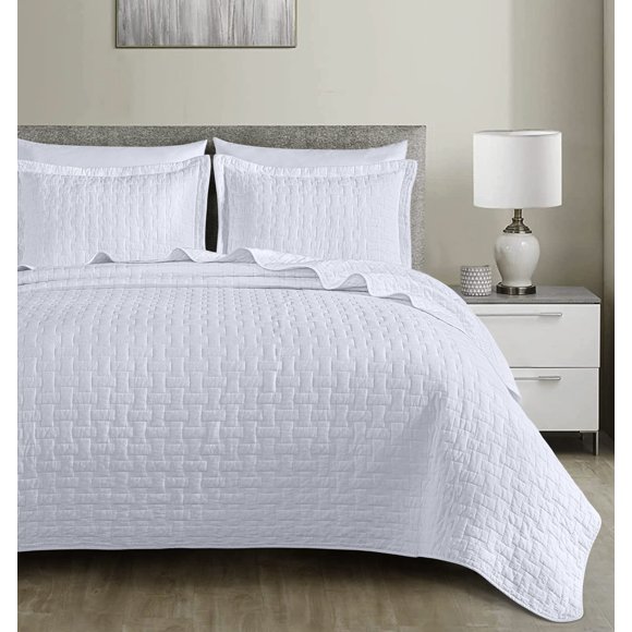 Chezmoi Collection Vert 3-Piece 100% Cotton Quilt Set King Size, White - Basketweave Quilted Lightweight Pre-Washed Soft-Finished Cotton Bedspread for All Season