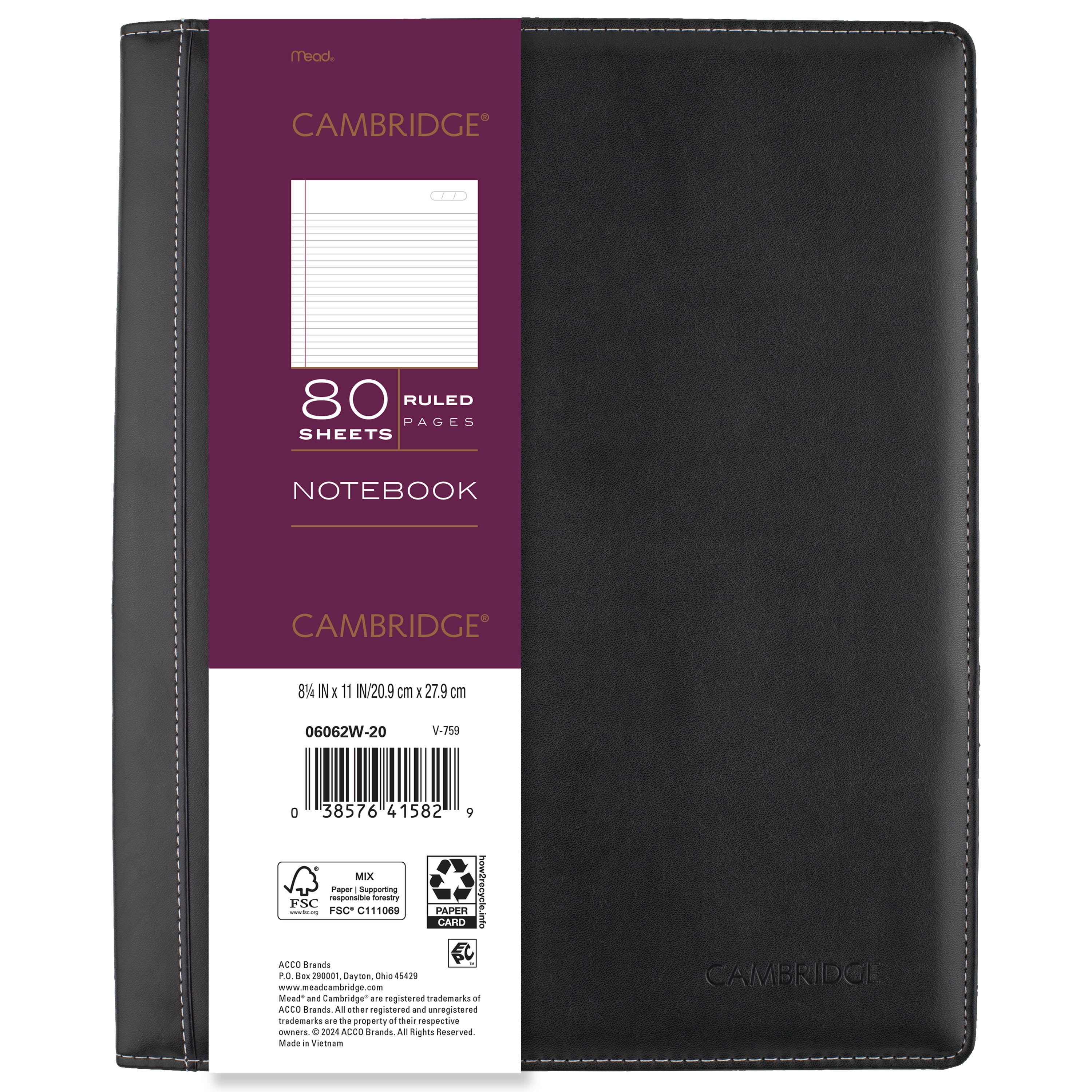 Cambridge Limited Refillable Faux Leather Notetaker Notebook, 50 Ruled Sheets, 8.5" x 11", Black