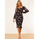 thumbnail image 3 of Vestido de mujer Allegra K floral cuello cuadrado volantes mangas farol ajustado elegante sirena fruncido Negro S, 3 of 5