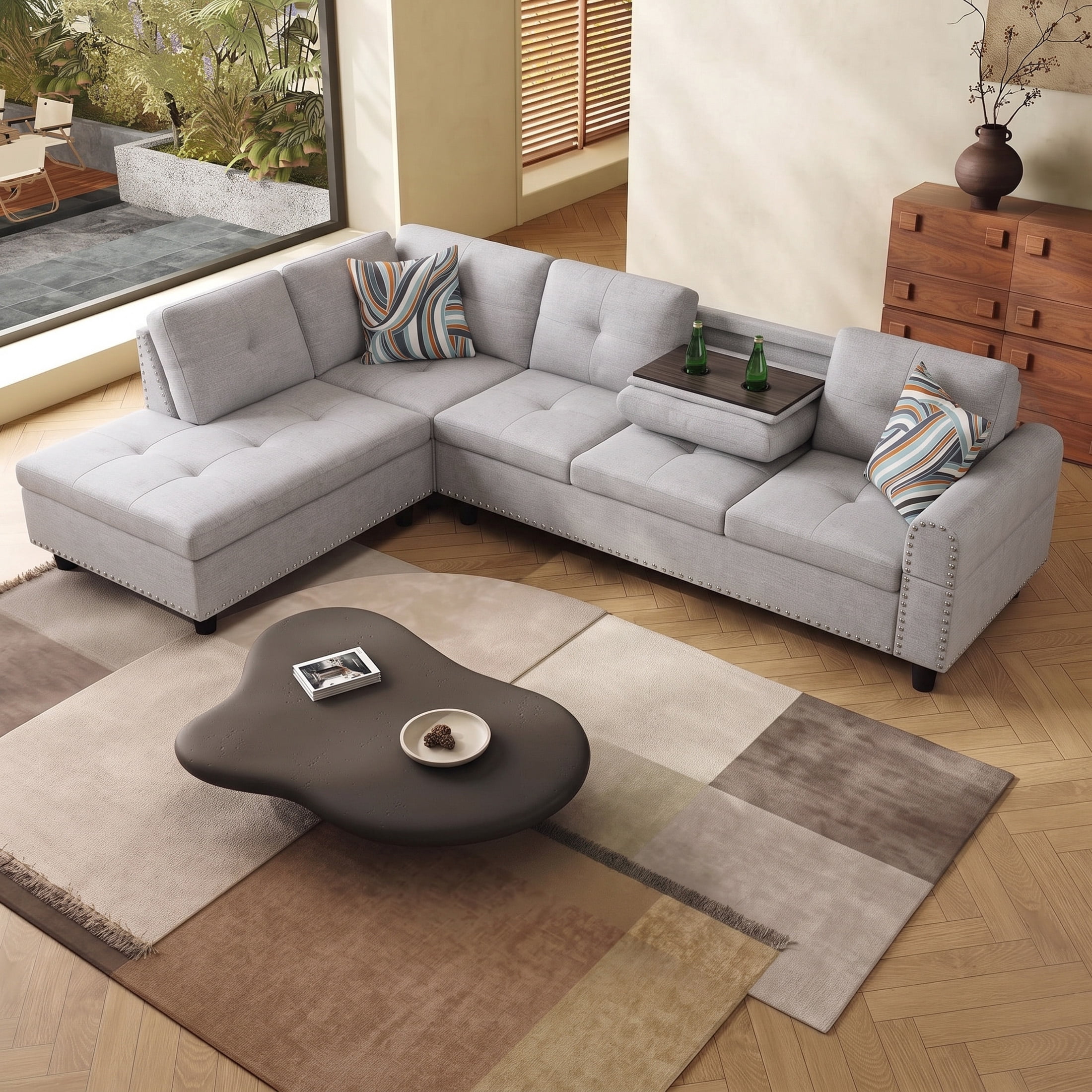 AENKYO 98" L-Shaped Sectional Sofa with Reversible Chaise and Cup Holders, Flannel, Light Gray