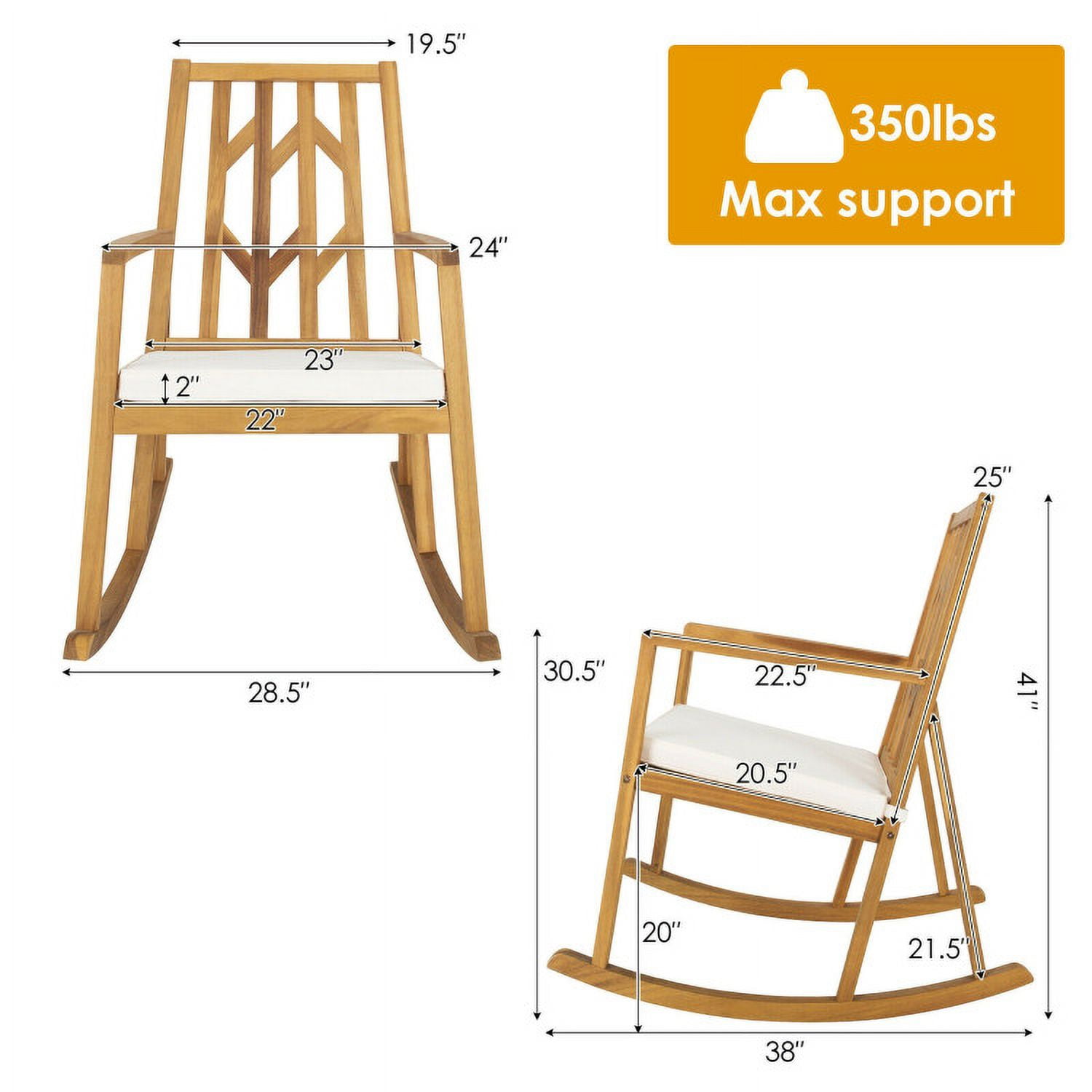 Aimee Lii Outdoor Rocking Chair with Cushion, Wooden Patio Rocker Chair for Lawn, Porch, Backyard, Indoor and Garden, White