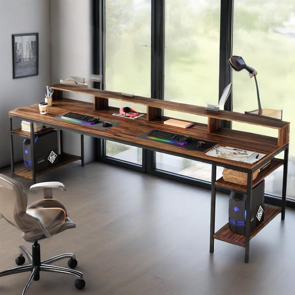 BAYUELSWU 78.74" Long Computer Desk with Monitor Stand and Storage Shelves, 2 Person Home Office Long Desk