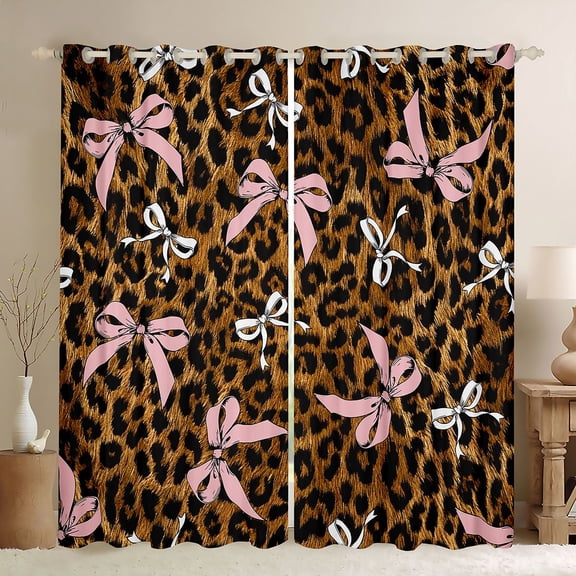 Manfei Teens Kawaii Ribbon Bow Black Out Curtains,Vintage Leopard Print Curtains Pack of 2 (42x63 Each) for Boys Girls,Microfiber Bedroom Decor