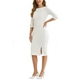 thumbnail image 5 of INSPIRE CHIC Women's Sheath Dress Boat Neck 3/4 Sleeves Split Hem Wear-to-Work Midi Dresses XS White, 5 of 7
