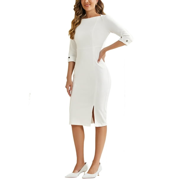 INSPIRE CHIC Women's Sheath Dress Boat Neck 3/4 Sleeves Split Hem  Wear-to-Work Midi Dresses White XL - Walmart Business Supplies