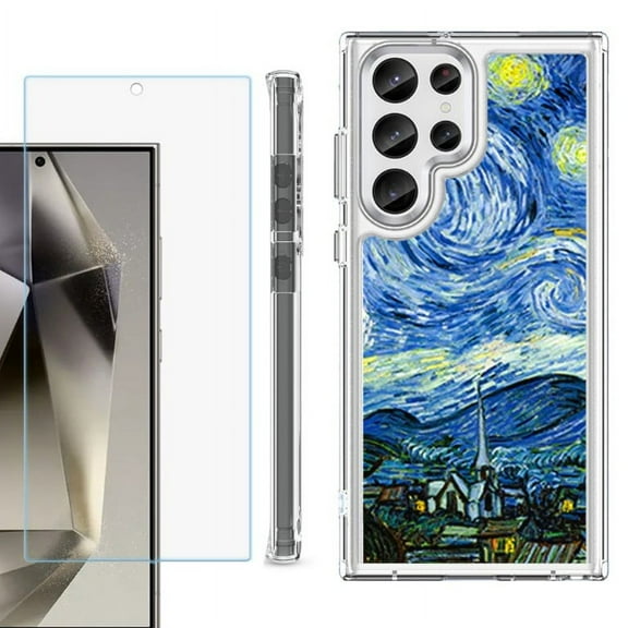 OneToughShield ® Case Compatible with Samsung Galaxy S24 Ultra, Shockproof Bumper Phone Case, with Tempered Glass Screen Protector - Starry Night Paris