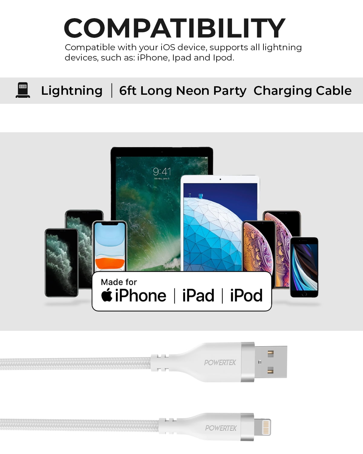 Liquipel Powertek iPad & iPhone Lightning Charger Cable, Fast Charging 6ft MFI, Premium White