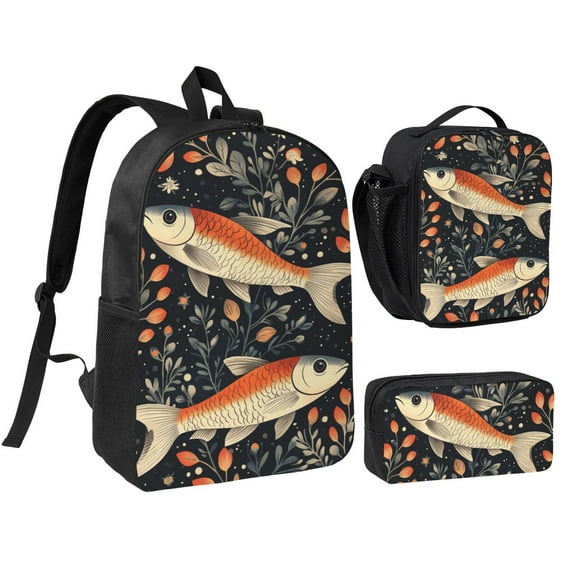 FishPattern Backpack 17 Inch Set with Lunch Bag and CaseDurableTravel Bag Combo for Work Commuting Daily Use
