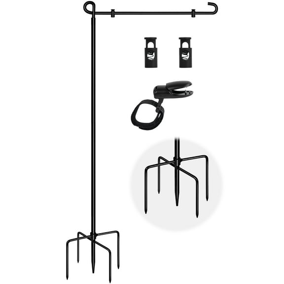 Garden Flag Stand 5 Prong Base, Heavy Duty Yard Flag Holder for Outside House Lawn Decor, Stable Windproof Design with Clip and Stopper, Black