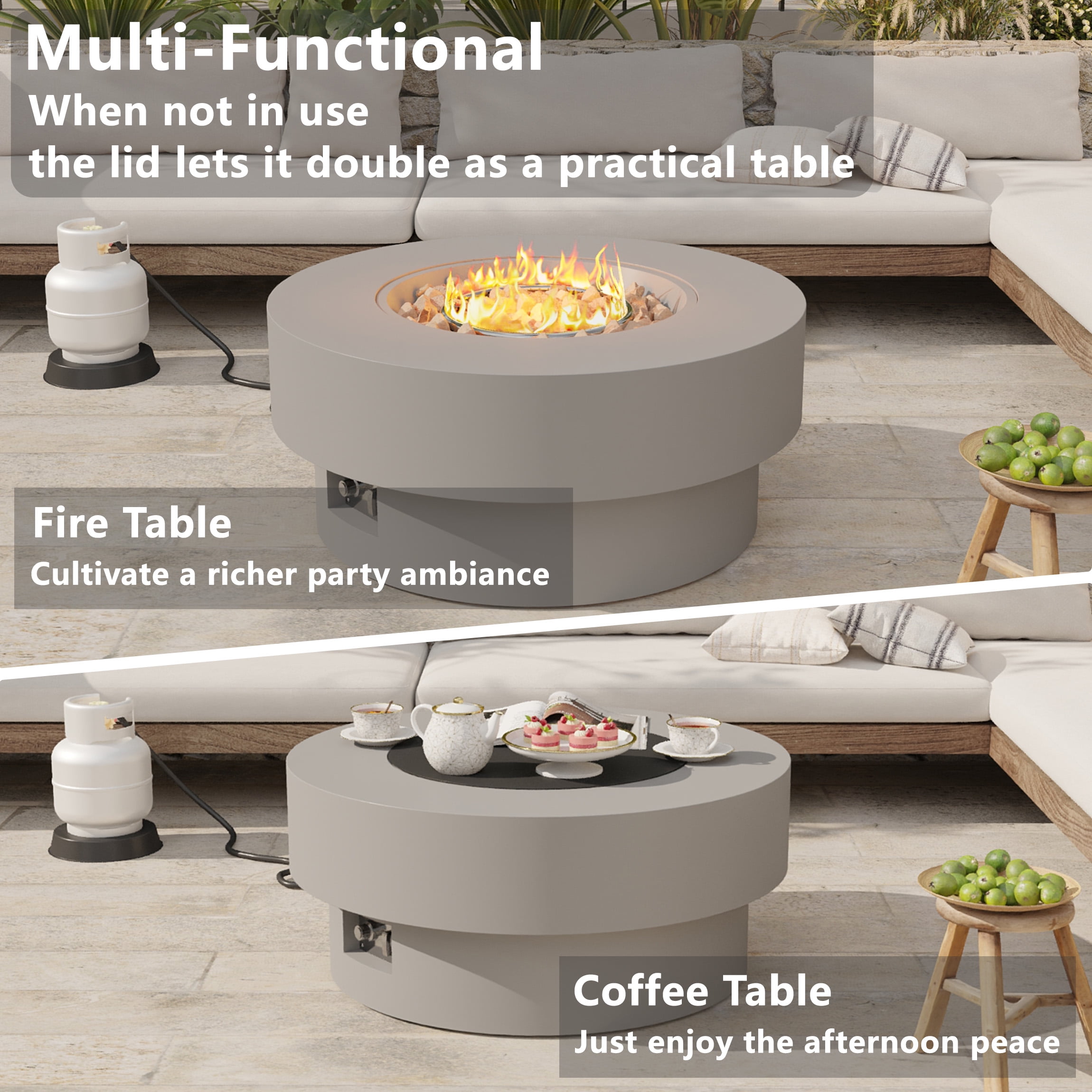 Wakeyard 32.5 inch Round Propane Fire Pit Table, 50000 BTU, Includes Lava Rock,Gray