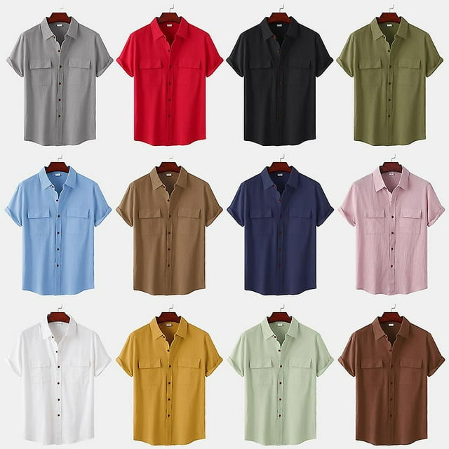 Chemise Décontractée en Coton et Lin à Manches Courtes pour Hommes