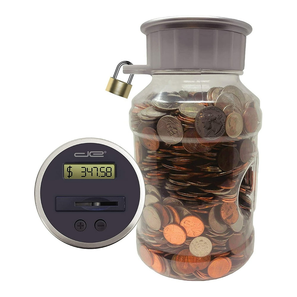 Locking Coin Bank Savings Jar Pennies Nickles Dimes Quarter Half