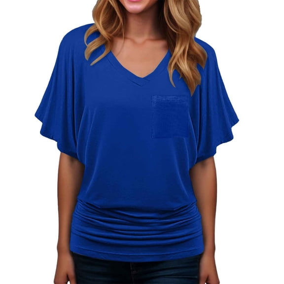 MIXUE Boho Tops For Women Summer Solid Color V Neck Short Sleeve Casual Pullover Shirts For Women Tee Shirts Sportswear,Blue,L