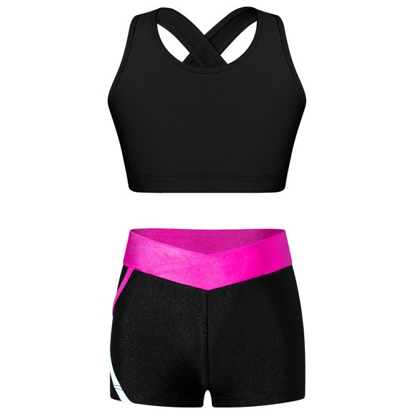 Doomiva Kids Girls Dance Crop Tops and Shorts Set Two Pieces Dance Sports Outfits Gymnastics Ballet Dancewear Black&Rose 16