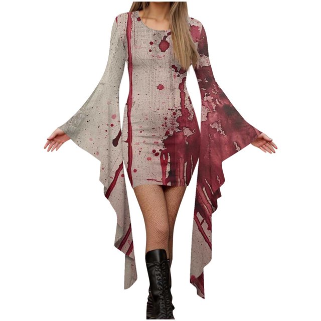 Fewfanhot Robes d'Halloween pour Femmes 2025 Élégantes, Chics et Décontractées, Robe à Col Rond avec Imprimés Effrayants et Style Asymétrique, Robe Chandail à Empiècements