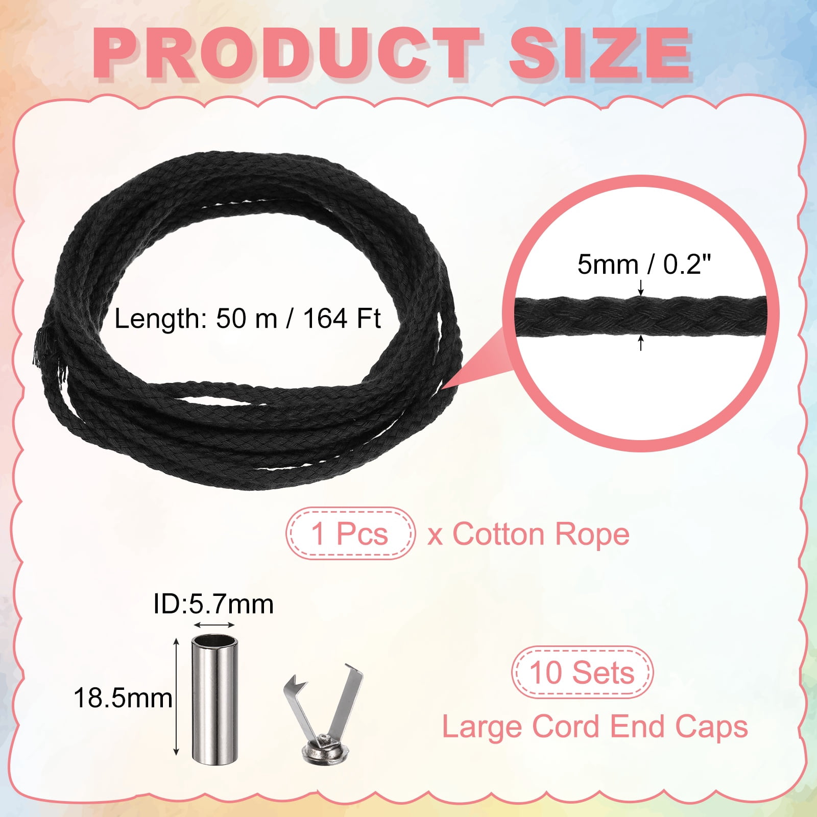 Braided Macrame Cord, 3/16" x 164ft 8 Strand Cotton Rope Braided String with Cord End Caps for Drawstring, Plant Hanger Wall Hanging, Dream Catcher Crafts, Black