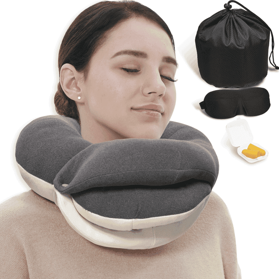 BUYUE Travel Neck Pillows for Airplanes, 360° Head Support Sleep for Long Flight, Skin-Friendly & Breathable, Kit with 3D Contoured Eye Mask, Earplugs and Storage Bag (Adult, Grey, 90  lbs)