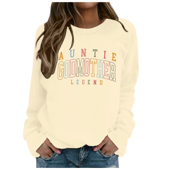 Tiweut Womens Sweatshirts Auntie Godmother Legend Sweatshirt, Godmama Sweater Women Crewneck Pullover Tops Funny Aunt Shirt Gifts for Godparent,Beige,L