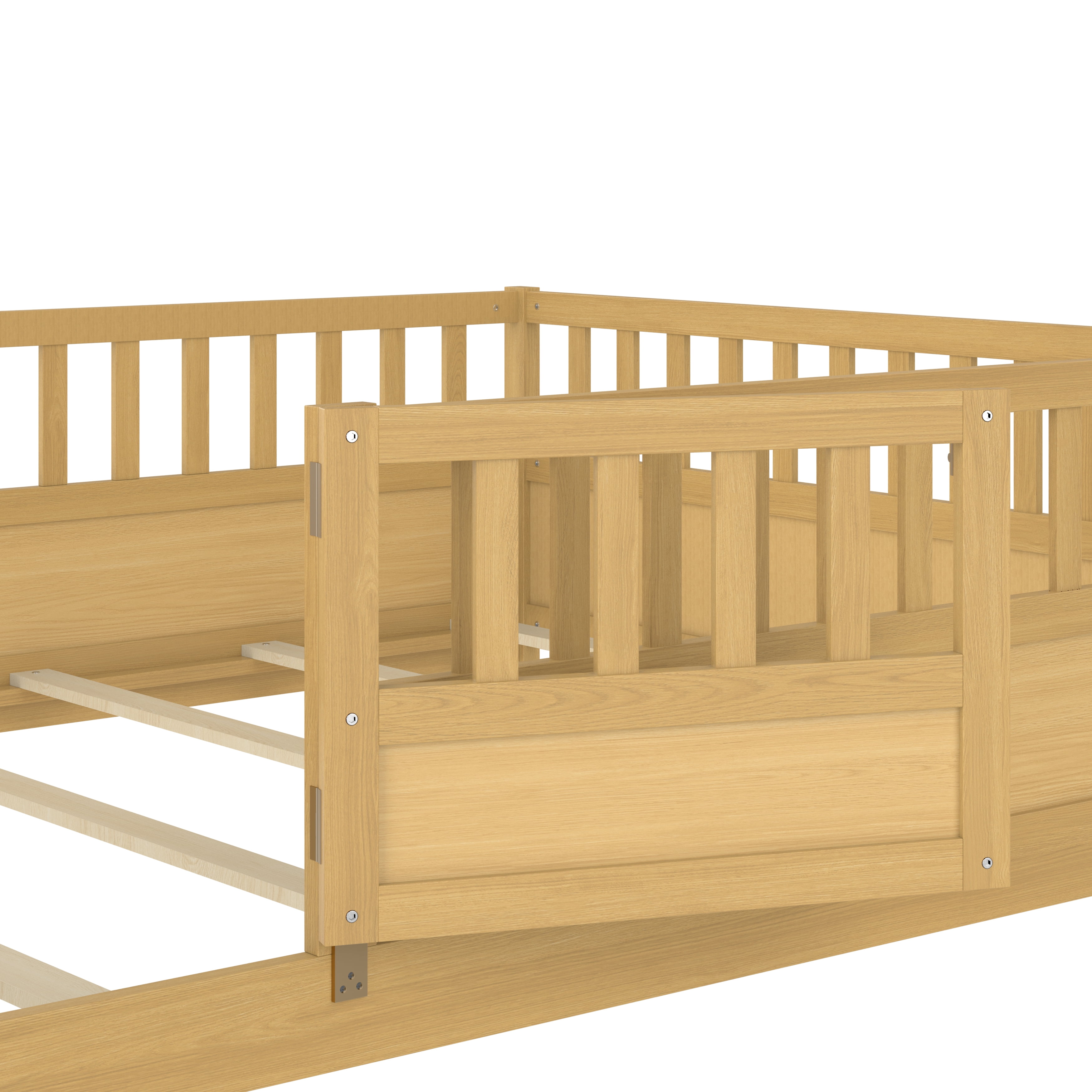 Floor Bed, Low-Profile Bed Frame, Full Size Bed with High Safety Barrier, Door and Support Slats for Stability, Solid Pine Wood Construction, Natural Wood