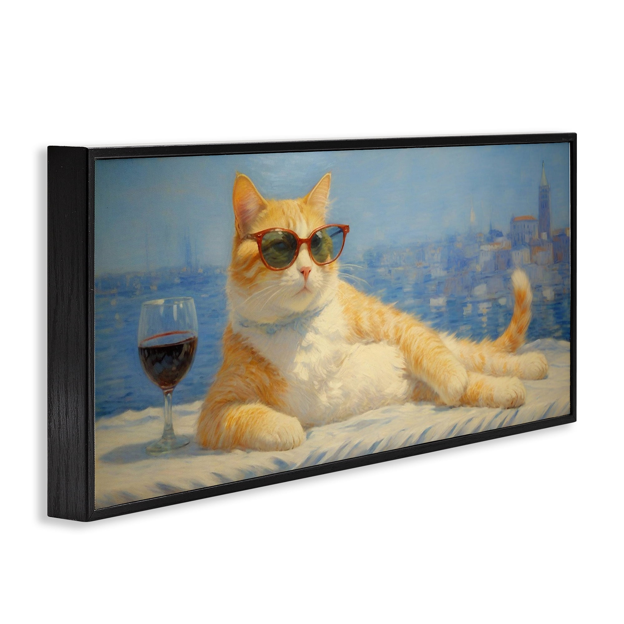 Stupell Industries Lounging Feline with Wine Glass Black Framed Giclee Art, design by Angie Hawke