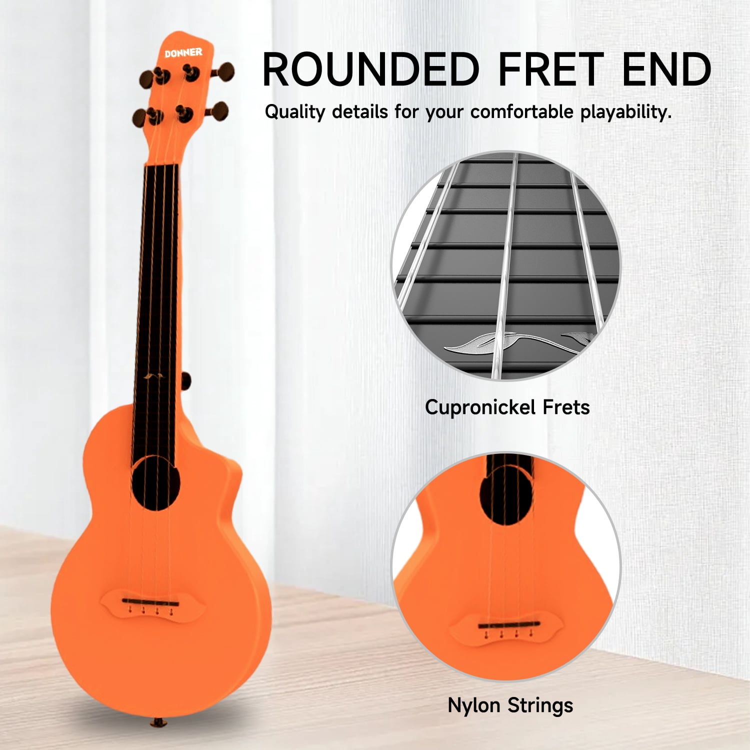 Donner Ukulele for Beginner 23“ Professional Carbon Fiber Travel Ukulele Kit with Bag, Orange