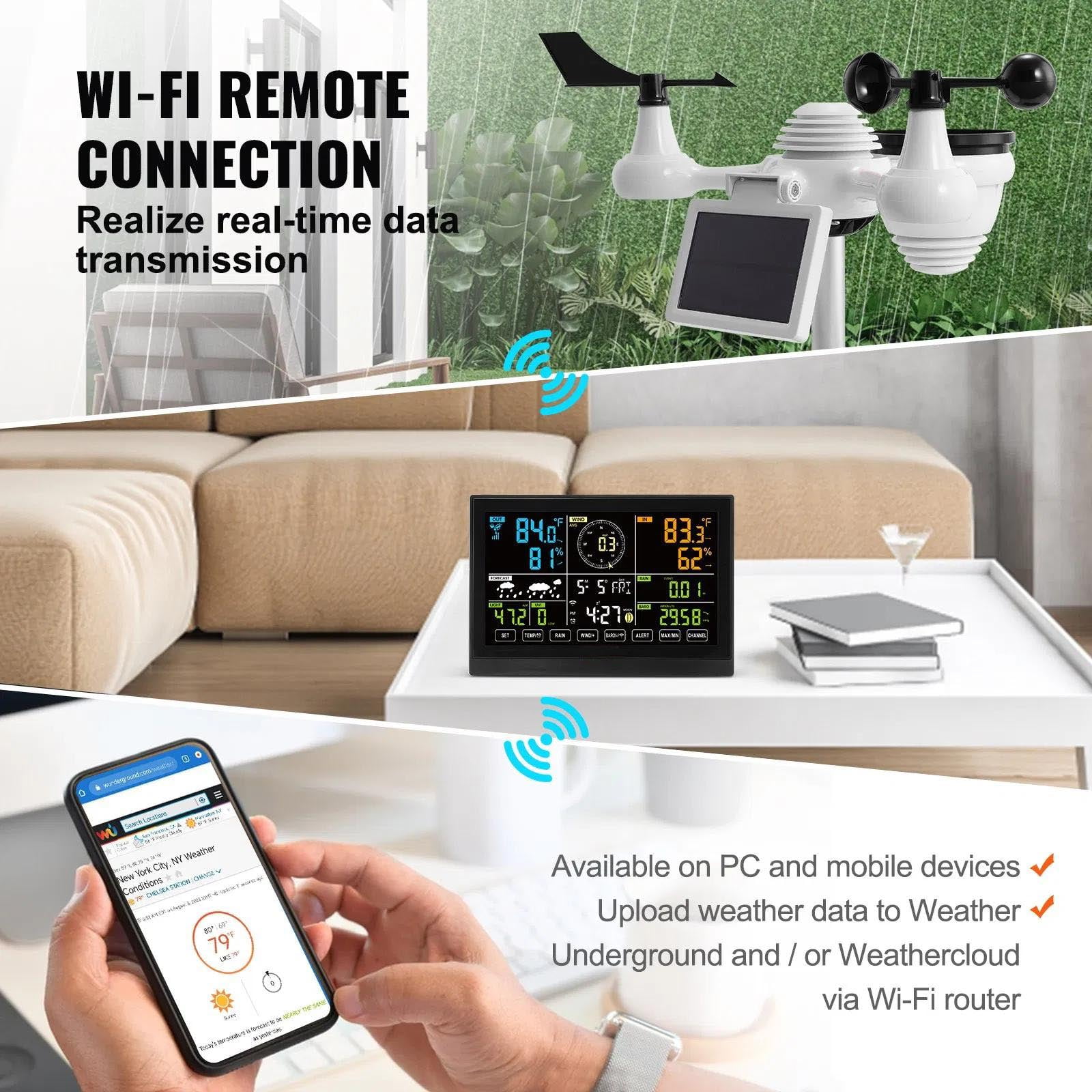 7 in 1 Wi-Fi Weather Station, Home Weather Station Indoor Outdoor, with Solar Wireless Outdoor Sensor Alarm Alerts for Temperature Humidity Wind Speed & Direction Rain
