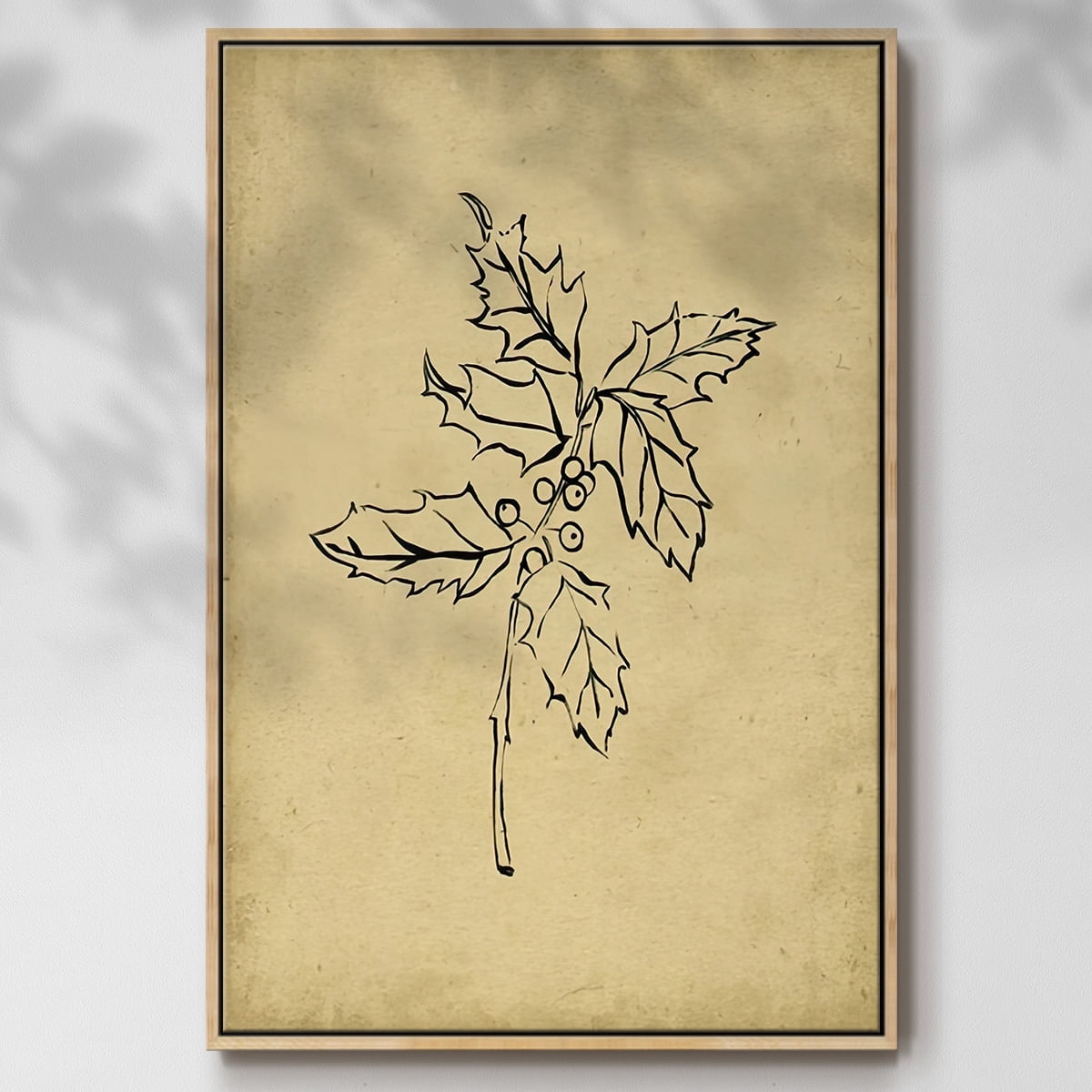 Holly Branch I - Framed Gallery Wrapped Holiday Canvas - 17 x 25 - Natural Wood Frame