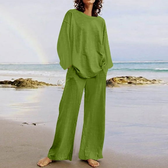 Dgankt Two Piece Sets for Women Summer Casual Long Sleeved Round Neck Top/Loose Straight Tube with Pocket Long Pants Set,Size S-5XL