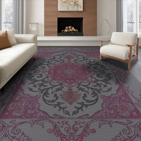 ODIKA 6'x9' Washable Area Rug Non-Slip, Easy Care, Purple Decorative Bold Embellished Ornamental Flourishes Fuschia for Family Room, Living Room, Master Bedroom
