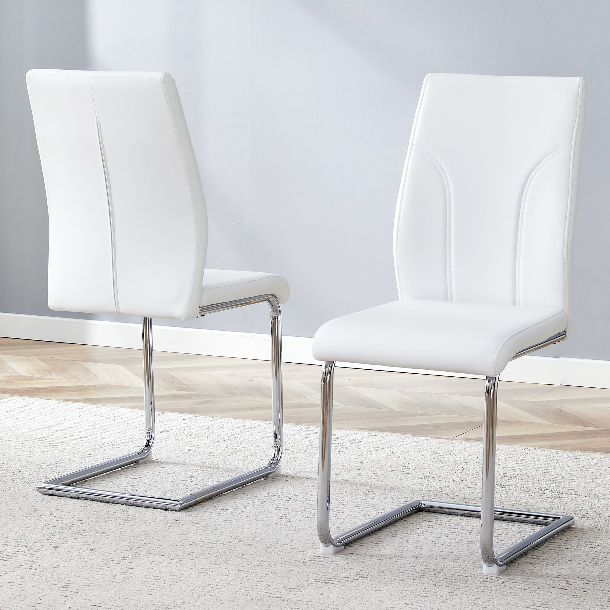 White PU Dining Chairs Set of 2 with High Back and Chrome Cantilever Legs for Dining Room Kitchen