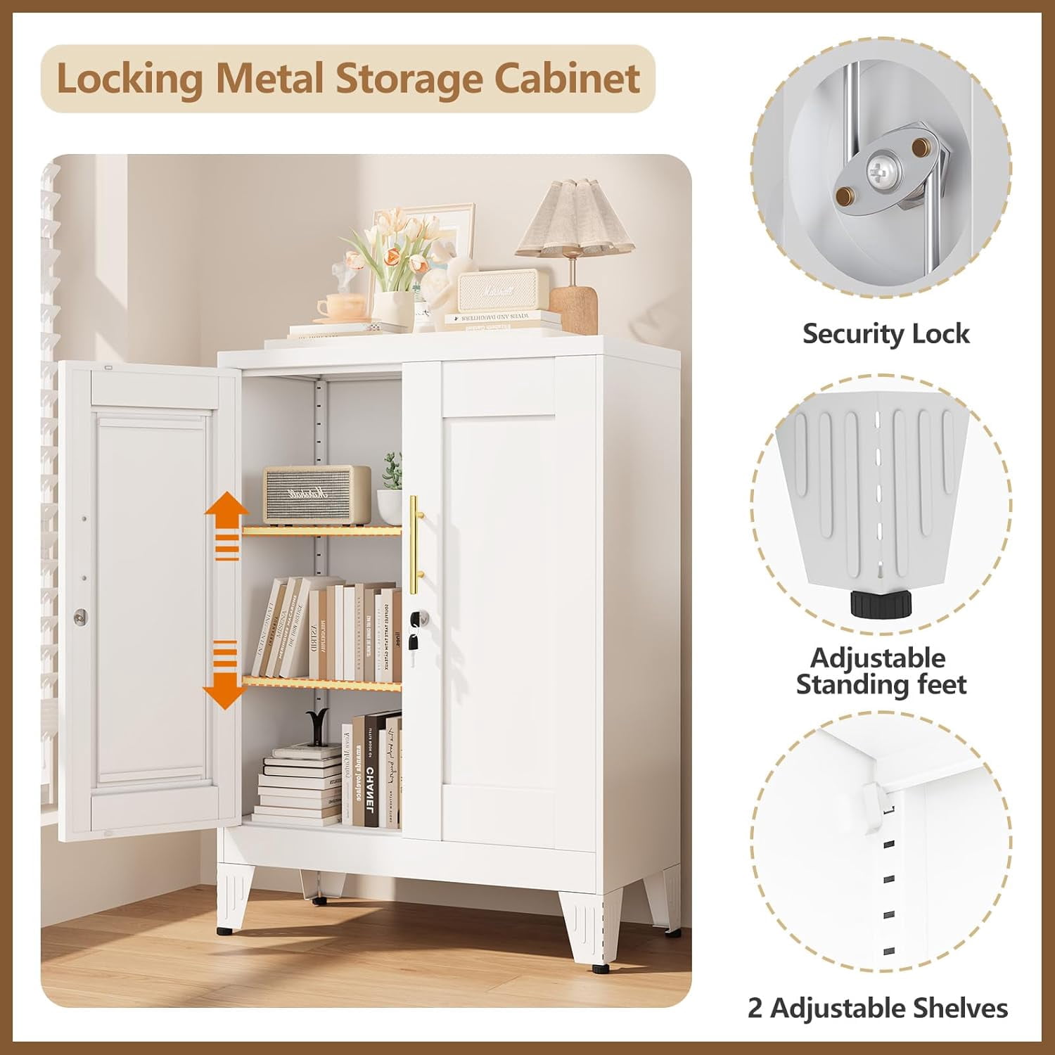 LEHOME 36" White Floor Storage Cabinet, Locked Metal Storage Cabinets with 2 Doors and 2 Adjustable Shelves, Sideboard Buffet Cabient, Freestanding Cabinet for Home/Office/Garage/Tool Room/Bathroom