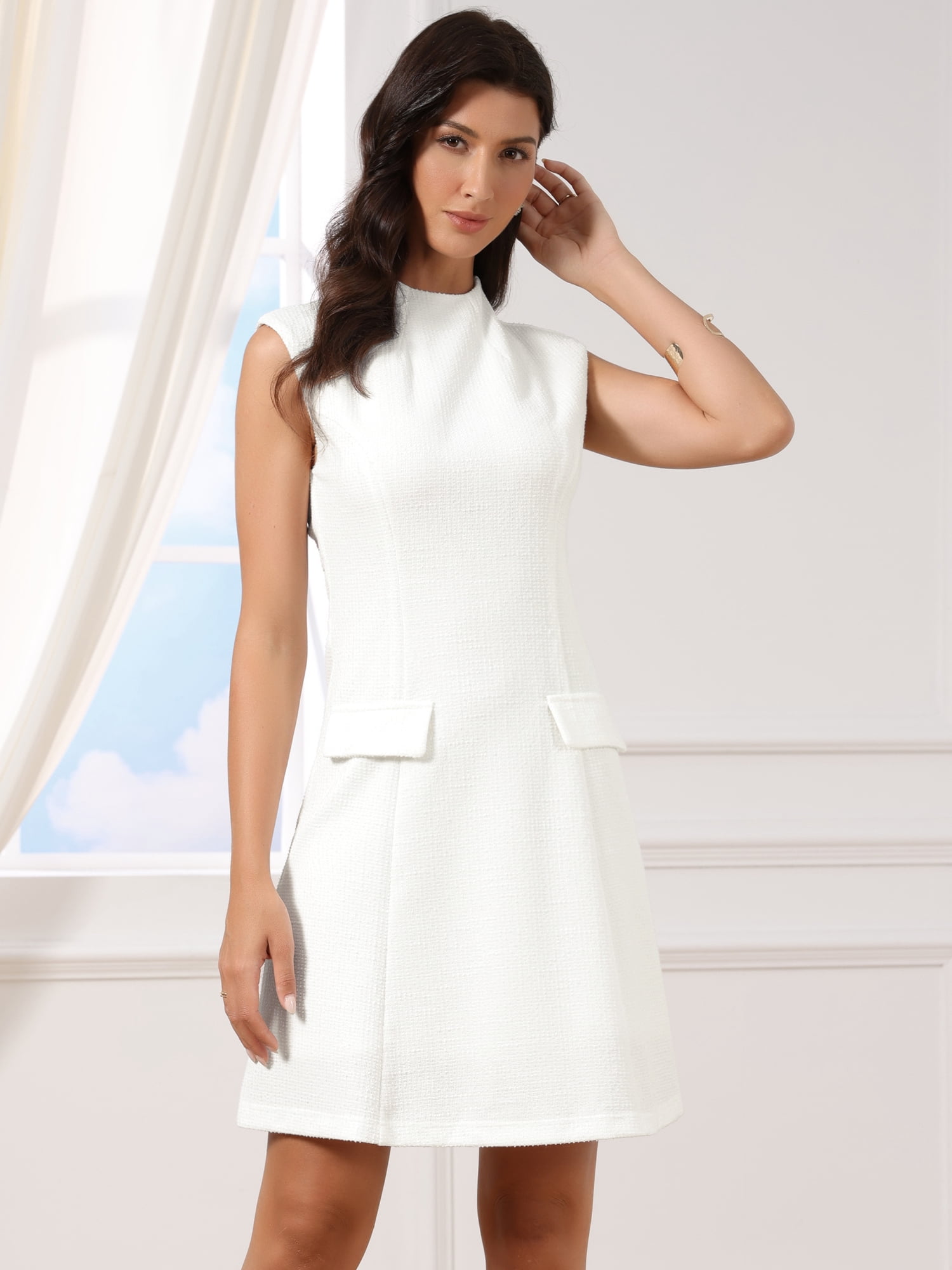 DARING DIVA Women's Summer Professional Work Mock Neck Tweed Sheath Dress M White