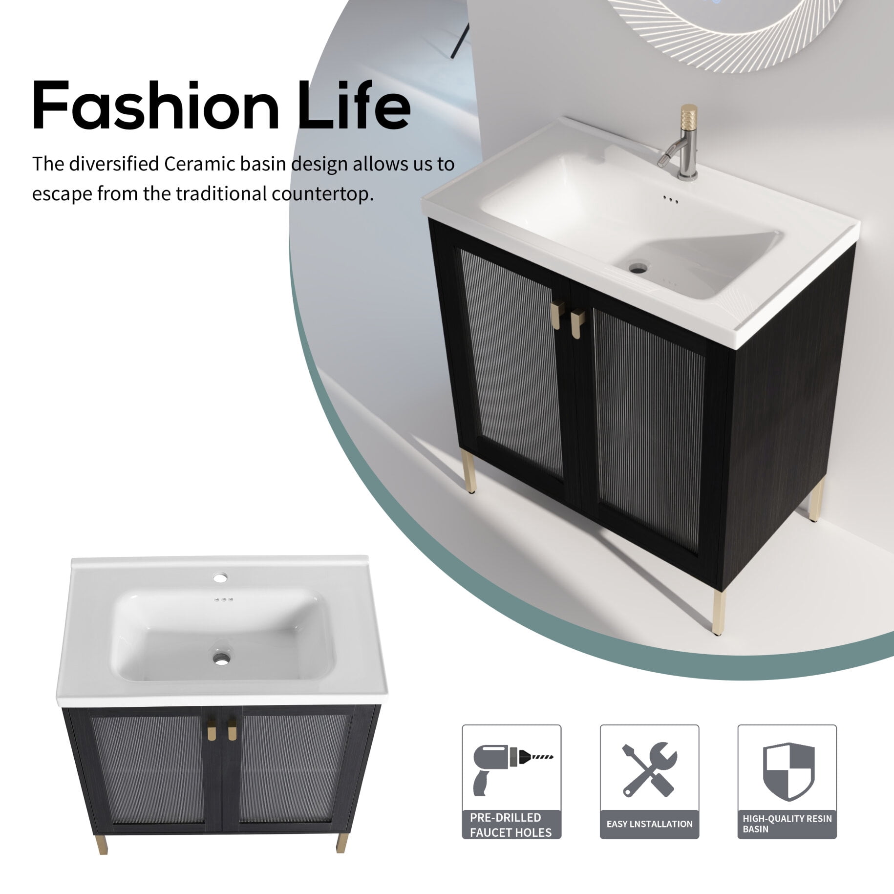 32" Bathroom Vanity, Modern Double Door Storage Cabinet With Ceramic Single Sink, Soft Closing Glass Door, Freestanding Bathroom Sink Cabinet, Black