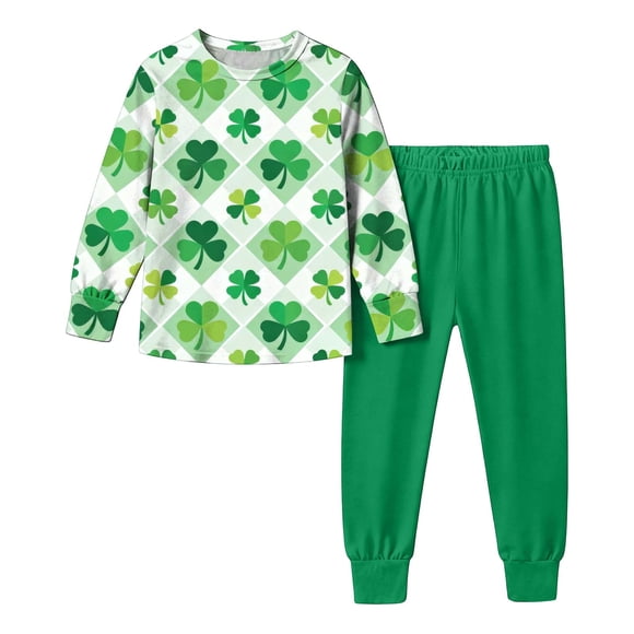 Wo-Fusoul St. Patrick's Day Printed Long Sleeve Shirt and Pants Set for Boys and Girls, Green, 120 Size, 2-Piece Outfit