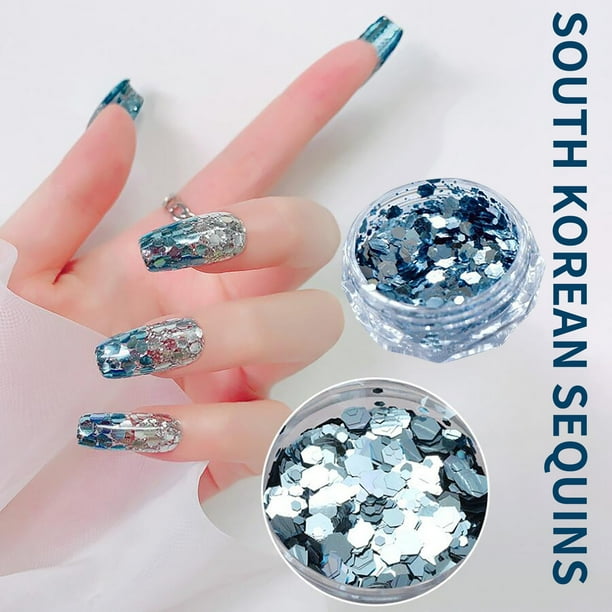 Polvo para uñas, lentejuelas para decoración de uñas, lentejuelas de sirena azul, lentejuelas con purpurina de varios tamaños, para decoración de uñas