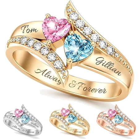 I Love You Forever -Personalized Promise Birthstones Name Ring, 18K Gold Plated Custom Names Ring for Women, Engraved Rings Commemorative Jewelry for Anniversary, Valentine’s Day Mother’s Day