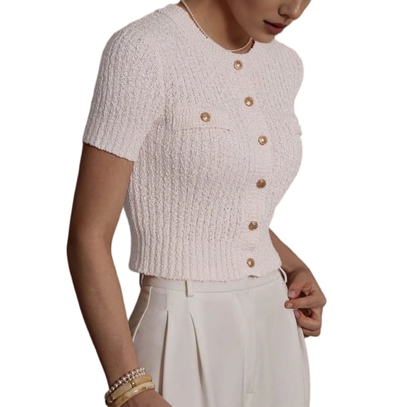 Women's Casual Summer Short Sleeve Cardigan Button Down Knitted Sweater Basic Crew Neck Crop Tops Cream White S