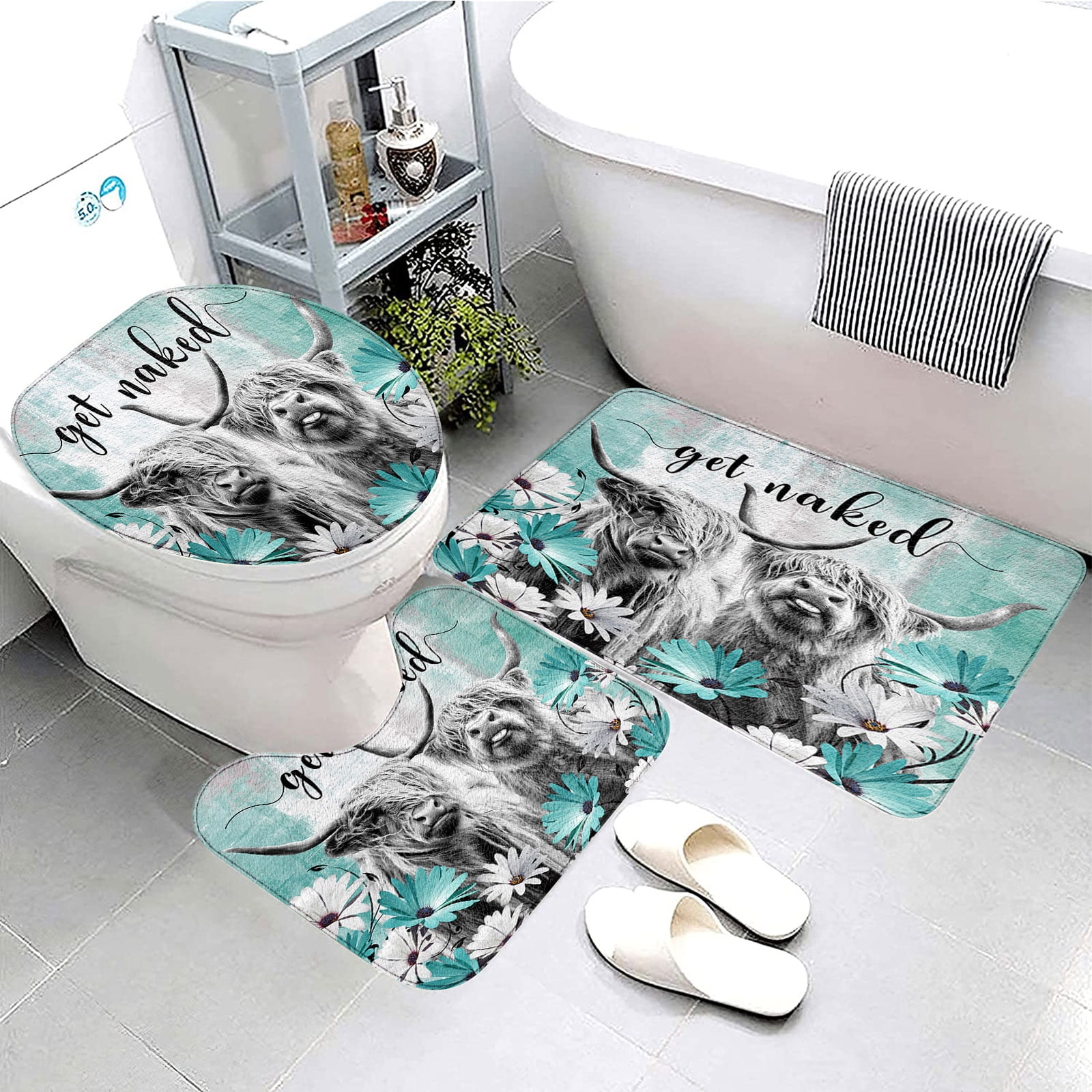 Get Naked Bath Mat Set, Farmhouse Highland Cow Teal Floral Bathroom Mat
