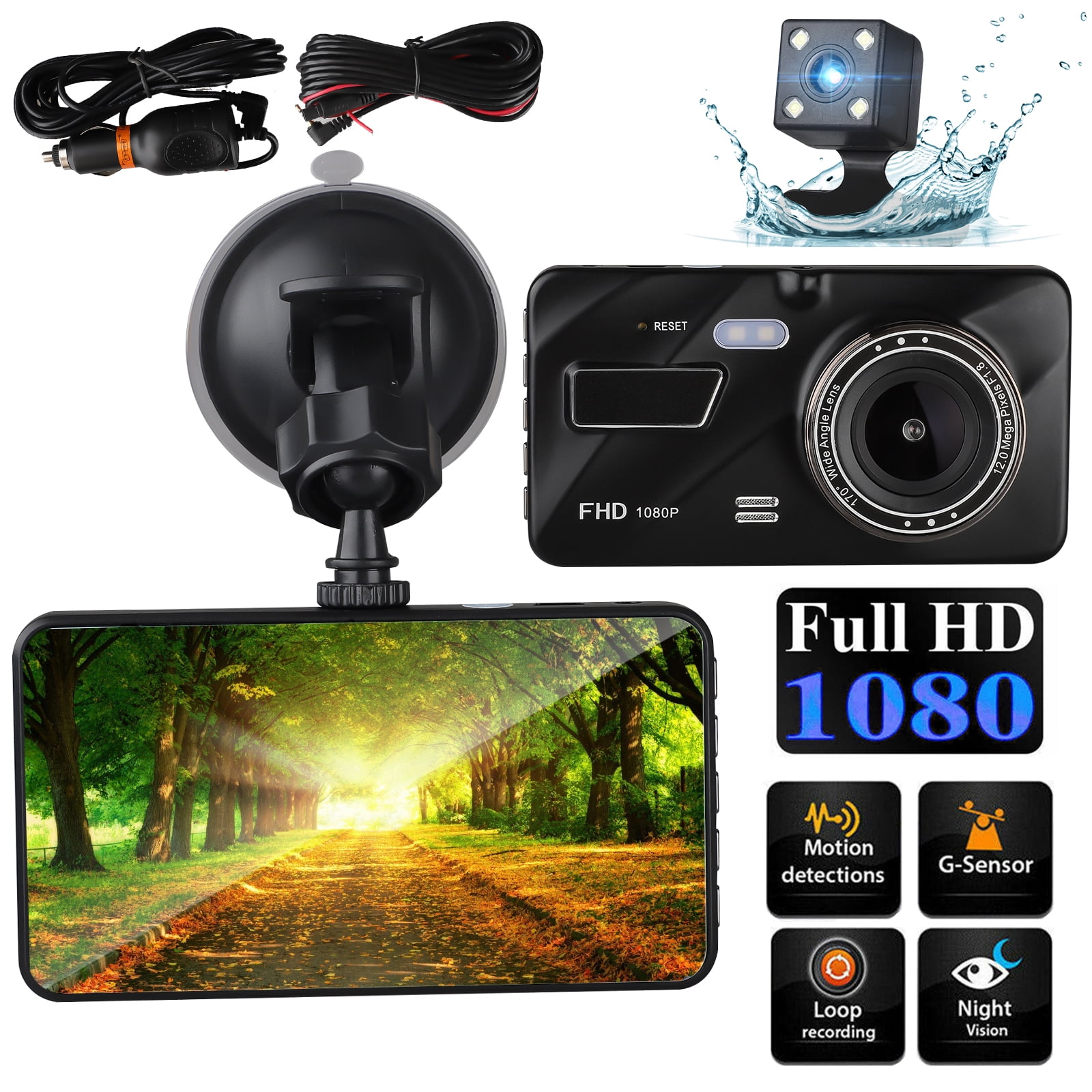TSV 4" 1080P HD Car Camera Windshield Dash Cam W/ 170° Wide Angle