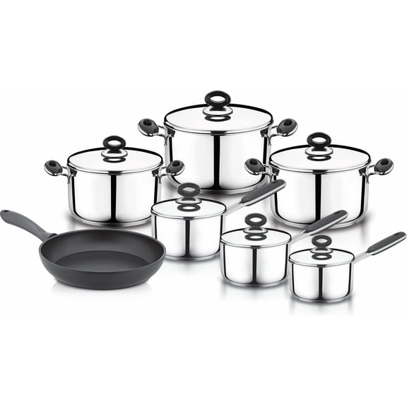 YBM Home 18/10 Tri-Ply Stainless Steel Pots and Pans 13 Pieces, Dishwasher safe, Black