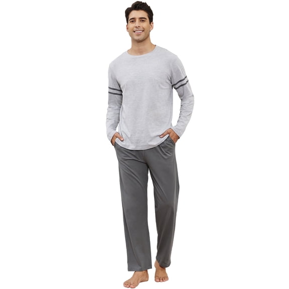 Men's Soft Cotton Pajama Set with Pockets - 2-Piece Breathable Long Sleeve Sleepwear & Loungewear, Drawstring Waist Comfort Fit,M