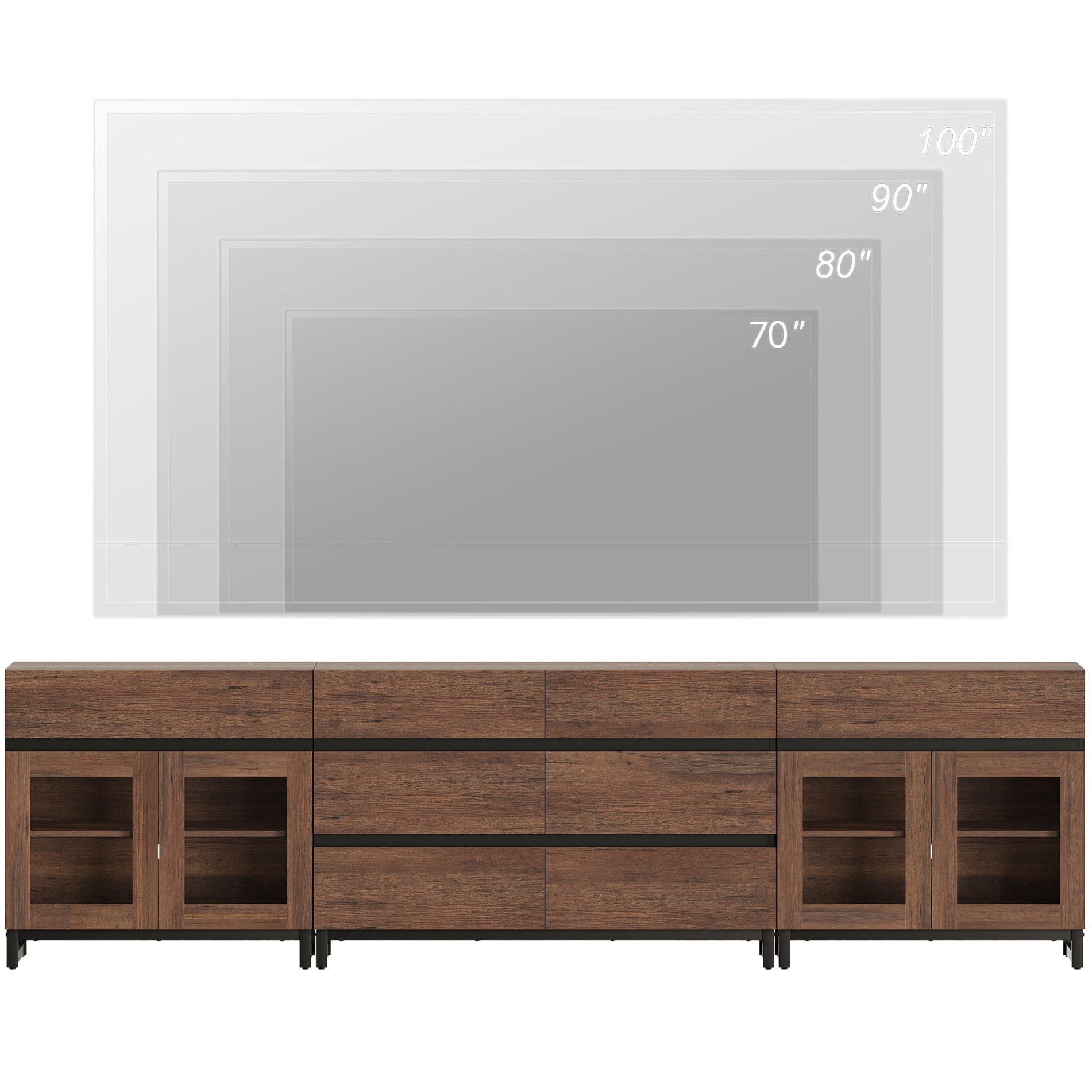 3 in 1 TV Stand for TVs up to 120 Inch, Modern Brown Entertainment Center with Glass Doors, 8 Drawers and Adjustable Shelf,Brown