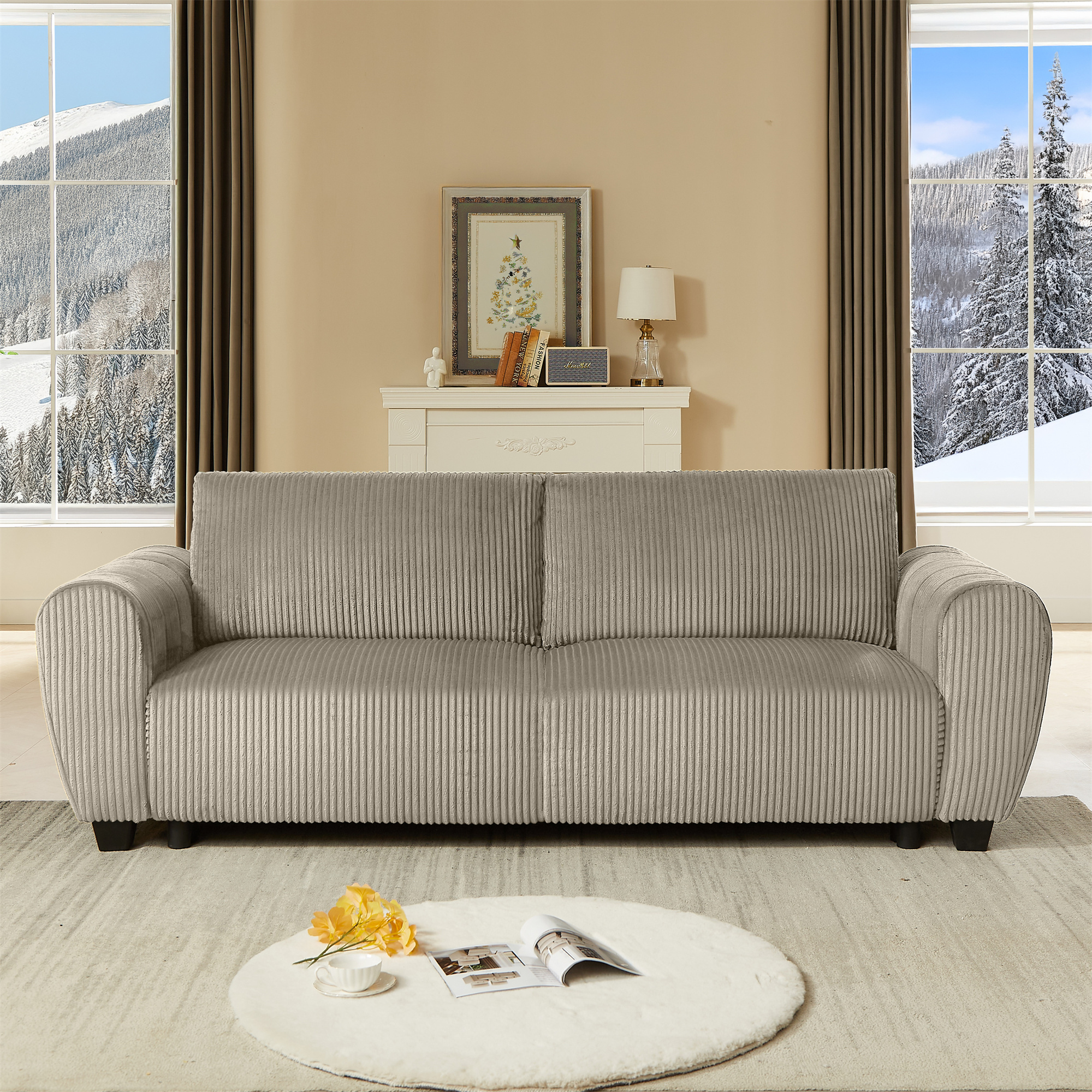 Aukfa 92" Oversized Storage Futon Convertible Sleeper Sofa, Corduroy, 2 Pillows, Light Brown