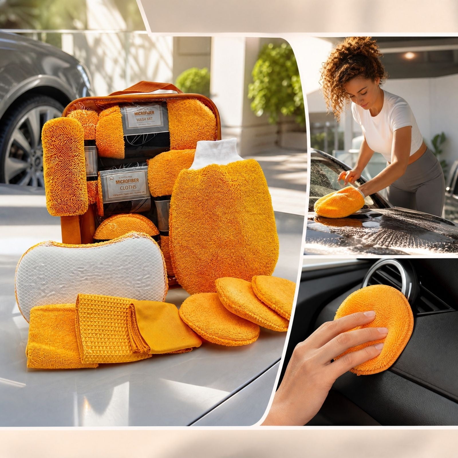 Microfiber Car Wash Kit Scratch-Free Cleaning Set with Tire Brush Wax Pads and Storage Bag
