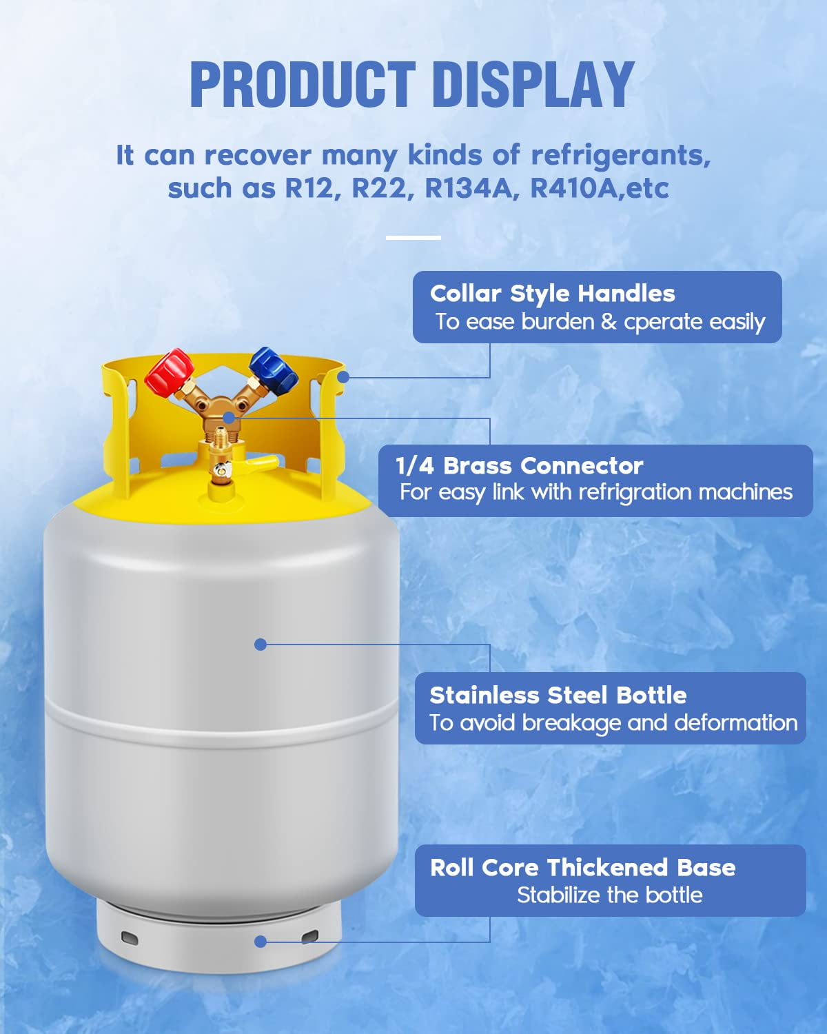 Refrigerant Recovery Tank with 1/4 SAE Y Valve Double Valve Collar Design Reusable Save Valve-50 LB Capacity