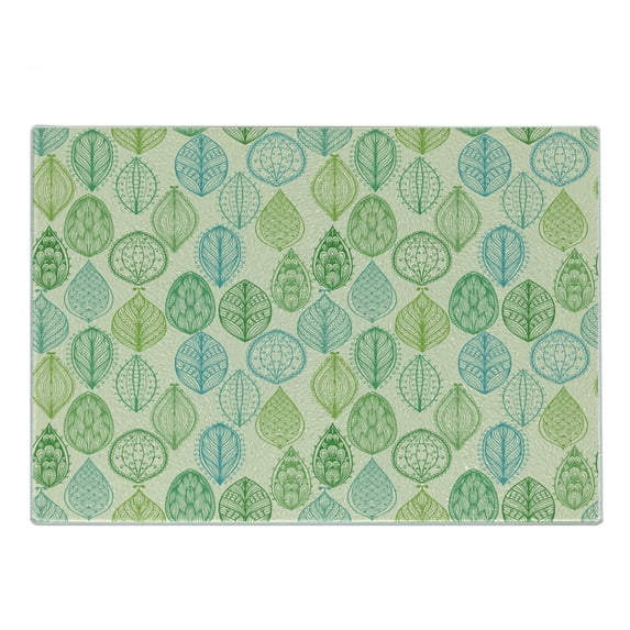 Nature Cutting Board, Hand Drawn Vintage Style Ornamental Leaves Forest Pattern in Green and Blue Tones, Decorative Tempered Glass Cutting and Serving Board, Small Size, Multicolor, by Ambesonne
