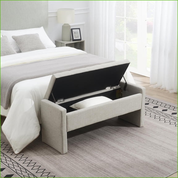 Storage Bench | Modern Bed End Foot Rest | Vanity, Window Seat | Linen | Light Grey