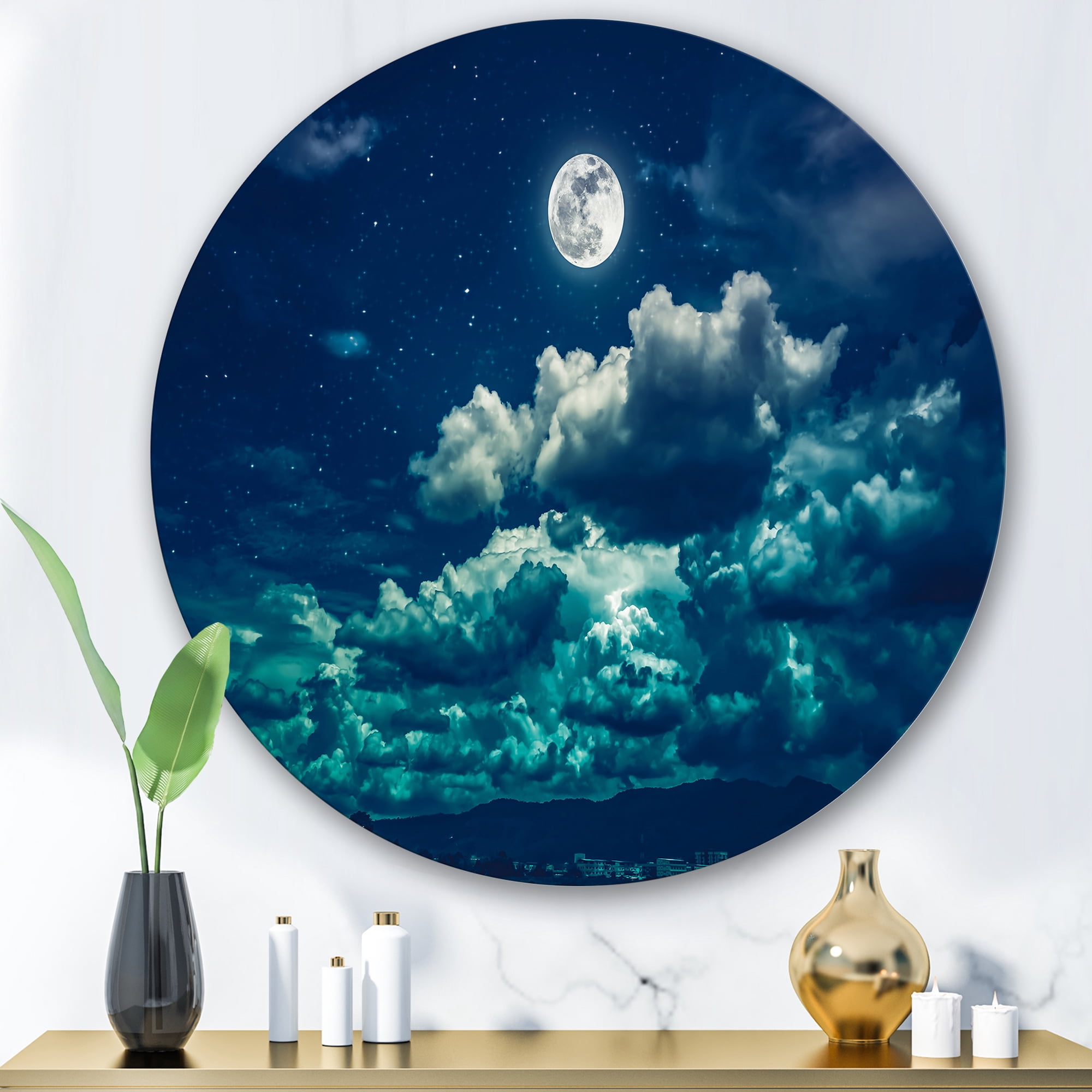 Designart 'Full Moon Night in Cloudy Sky II' Nautical & Coastal Circle Metal Wall Art 36x36 - Disc of 36