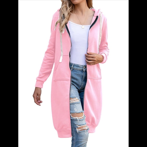 Sudadera con Capucha y Cremallera para Mujer, Chaqueta Informal de Larga para Otoño, Chaquetas Largas de Otoño con Bolsillos, Túnica Rosa XXL