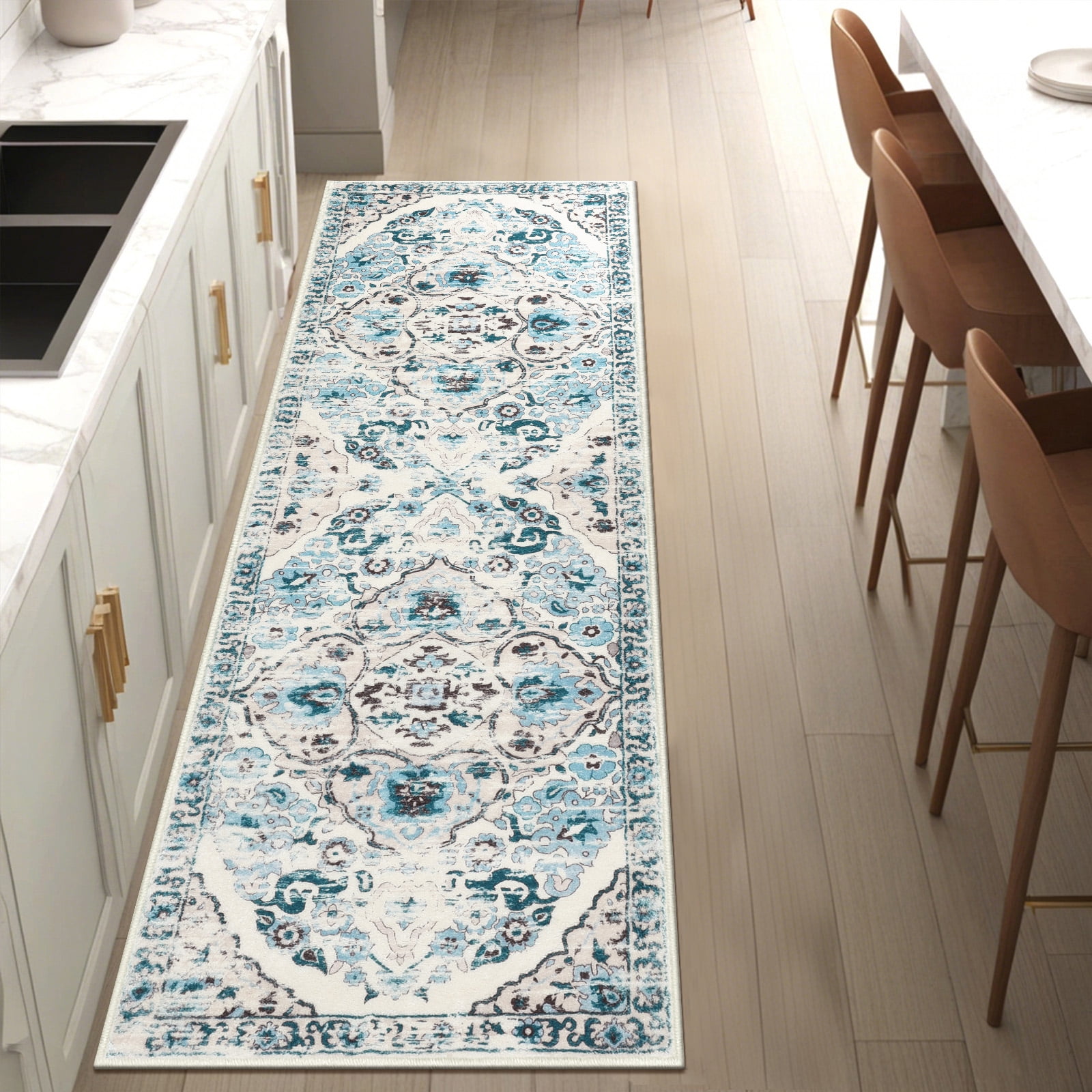 MeyJey 2'x6' Boho Runner Rug for Hallway, Non Slip Machine Washable Rug Distressed Vintage Floor Carpet for Bedroom Kitchen Laundry Room, Blue/Beige
